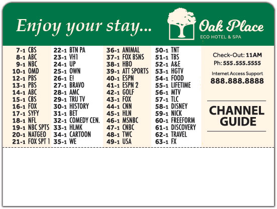 in-room channel guide oak place hotel-plicards